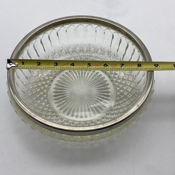Vtg Cut Crystal Bowl 8 3/4” W Silver Plate Rim England Spike Diamond Design MCM - Picture 8 of 10
